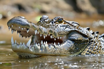 Obraz premium A close-up view of a crocodile showcasing its sharp teeth and fierce expression in a natural habitat.