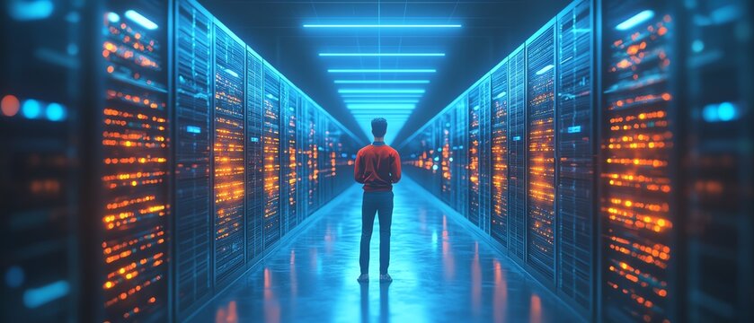 3D illustration of Qadir, male figure, utilizing remote servers for big data and cloud computing, recognizing mistakes in large data sets, actionable data concept