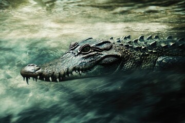 Fototapeta premium Close-up of a crocodile lurking in murky water, showcasing its powerful jaws and textured skin, capturing nature's raw beauty.
