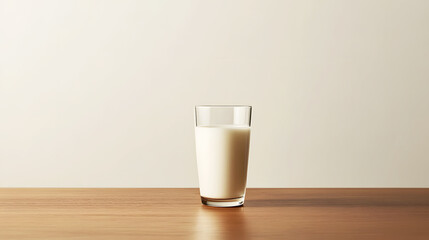 sleek glass of milk on a polished wooden table, against a stark white background