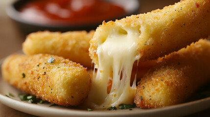 A plate of mozzarella sticks being pulled apart, revealing stretchy, melted cheese inside the crispy breading, with marinara sauce in the background