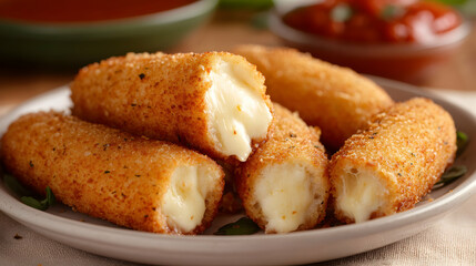 Fototapeta premium A plate of mozzarella sticks being pulled apart, revealing stretchy, melted cheese inside the crispy breading, with marinara sauce in the background