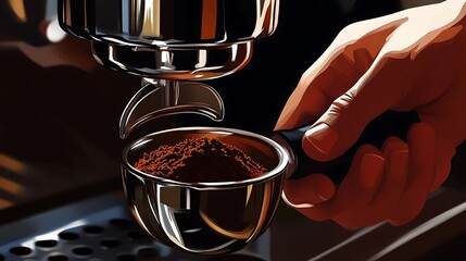 Espresso Machine Close Up with Ground Coffee in Portafilter