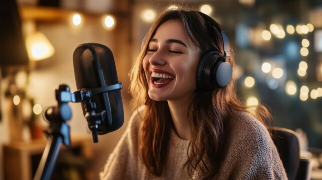 Young Woman Podcasting with Co-Host in Studio