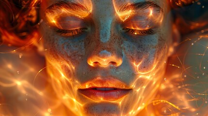 Close-up of a woman's face with eyes closed, glowing with a fiery light.