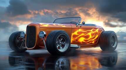 Classic Hot Rod with Flame Design and Sunset Background