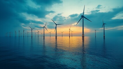 In the ocean, a long row of imposing wind turbines