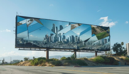 Mirrored Cityscape Billboard on Highway