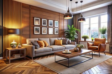 Luscious modern living room design showcases elegant paint colors, comfortable furniture, and statement lighting,