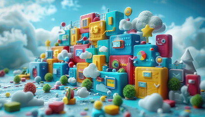 Colorful 3D Cityscape with Clouds and Stars