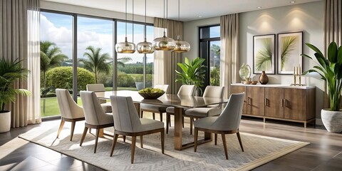 Fototapeta premium Miami-inspired dining room furniture set features sleek lines, neutral tones, and vibrant tropical accents in hues of