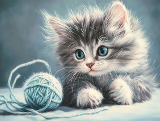Cozy Fluffy Kitten Playing with Yarn Ball in Soft Colors, Warm and Comforting Pet Photography