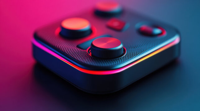 A modern, black gaming controller with vibrant LED lighting, featuring knobs and buttons, on a gradient background. - Powered by Adobe