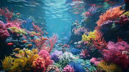 Naklejka premium 3D underwater scene with colorful coral reefs and marine life