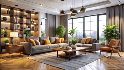 Mix of modern furniture pieces, such as sleek sofas and stylish armchairs, with unique decorative elements, like