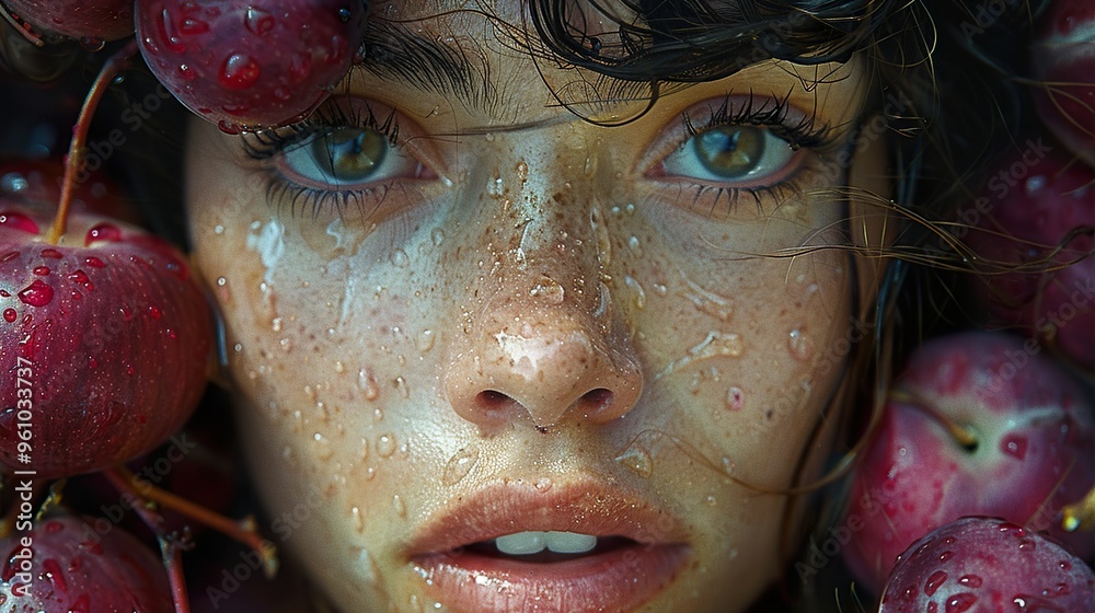 Wall mural A close-up portrait of a young woman with water droplets on her face, surrounded by red apples.