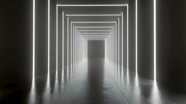 Black and white neon line, linear graphics leading to the center