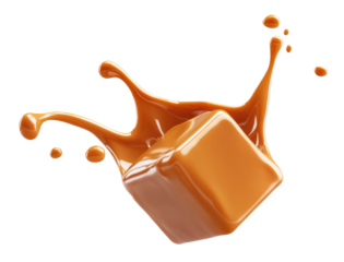 Splash of caramel with cube isolated on transparent background