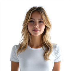 Fototapeta premium Portrait of a smiling young woman with blonde hair, wearing a white t-shirt, isolated on a white background.