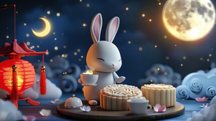 Chinese Mid-Autumn Festival concept made from funny bunny and mooncakes