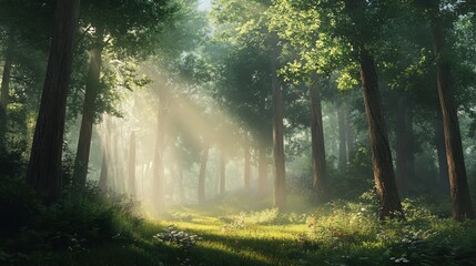 Obraz premium Sunbeams pierce through the trees in a misty forest, creating a magical atmosphere.
