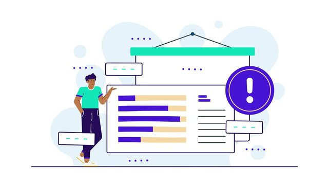 a young person analyzing data on a digital infographic with charts and exclamation icon illustration illustration business animated video