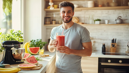 The man holding a glass of freshly blended juice in kitchen