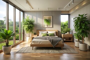 Fototapeta premium Modern bedroom furniture in neutral colors with large square window and green plants