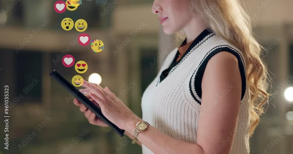 Sticker Business, woman and tablet with emojis for social media, reaction and follower interaction with overlay. Influencer, happy and tech in office with icons, like and online algorithm in networking app