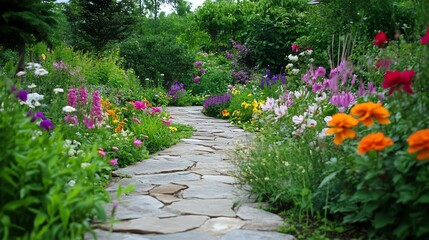 A stone path winds through a vibrant, blooming flower garden, creating a picturesque and inviting scene.