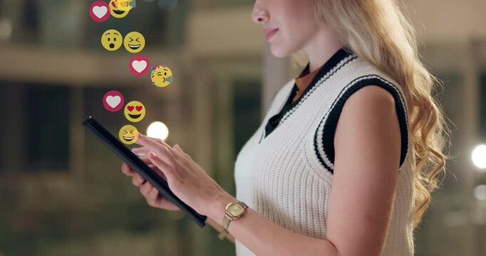 Business, woman and tablet with emojis for social media, reaction and follower interaction with overlay. Influencer, happy and tech in office with icons, like and online algorithm in networking app