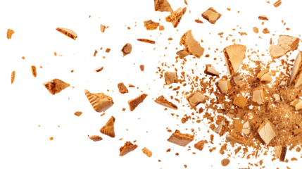Pile cake crumbs, chocolate cookie pieces flying isolated on transparent white background, clipping path