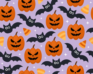 Halloween seamless pattern. Halloween pumpkins, jack-o-lanterns, bats and corn candies on a purple backgroung. Funny cute design for wrapping paper.