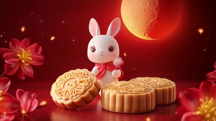 Chinese Mid-Autumn Festival concept made from funny bunny and mooncakes