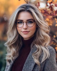 Naklejka premium Beautiful Woman with Blonde Hair and Glasses in Autumn