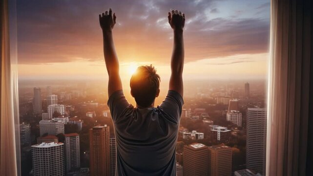 The view outside the window shows a man waking up in the morning.