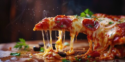 Slice of pizza adorned with tangy tomato sauce, delicious salami, onions, creamy mozzarella cheese, zesty black olives, and finished with a sprinkle of parsley.