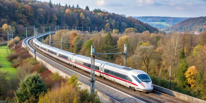 ICE 3 high-speed train of Deutsche Bahn speeding through Geislinger Steige near Amstetten, Germany