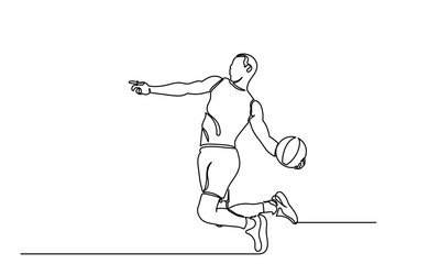 Continuous Line drawing of male Basketball Player.Single-line Young athletic man, basketball player in sportswear and jumping action.Concept of professional sport, games, championships,
 healthy life