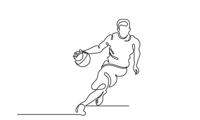 Continuous Line drawing of male Basketball Player.Single-line Young athletic man, basketball player in sportswear and jumping action.Concept of professional sport, games, championships,
 healthy life