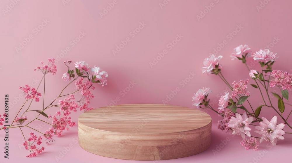 Sticker Empty mockup of wooden pedestal for beauty products on pink background with flowers