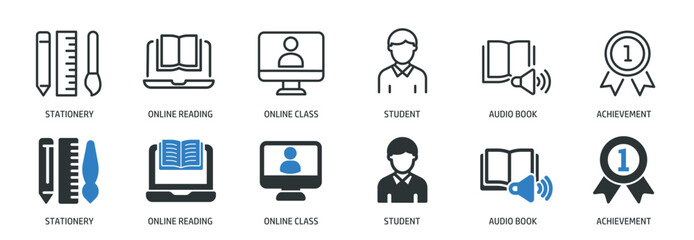 Education line and glyph solid icons collection. Minimal icon and symbol series vector illustration