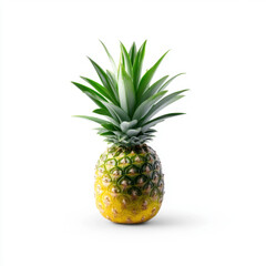 Fototapeta premium Isolated ripe pineapple with green leaves and textured yellow skin, standing upright on a white background, highlighting tropical fruit freshness.