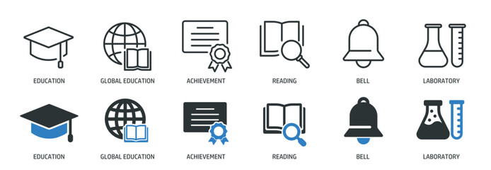 Education line and glyph solid icons collection. Minimal icon and symbol series vector illustration
