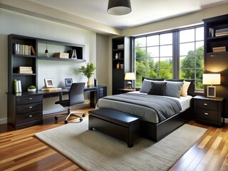 Modern bedroom with sleek black furniture and college-style decor