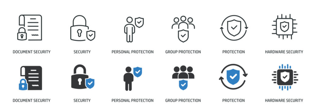 Security line and glyph solid icons collection. Minimal icon and symbol series vector illustration