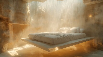 Minimalist Floating Bed in Modern Cave Interior