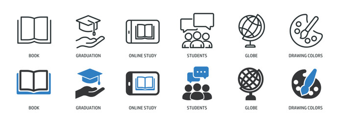Education line and glyph solid icons collection. Minimal icon and symbol series vector illustration