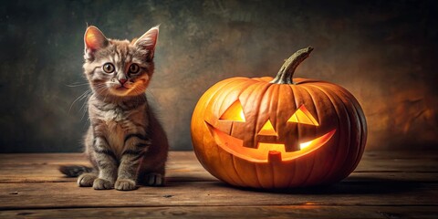 Eerie Halloween pumpkin carved with a sinister grin next to a zombie kitten