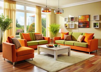 Modern furniture in warm colors creates a comfortable and inviting atmosphere, perfect for young adults to relax and